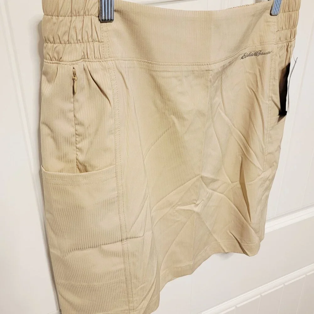 Eddie Bauer Size Large Twin River Stripe Cargo Skirt Beige Pull On Stretch NWT